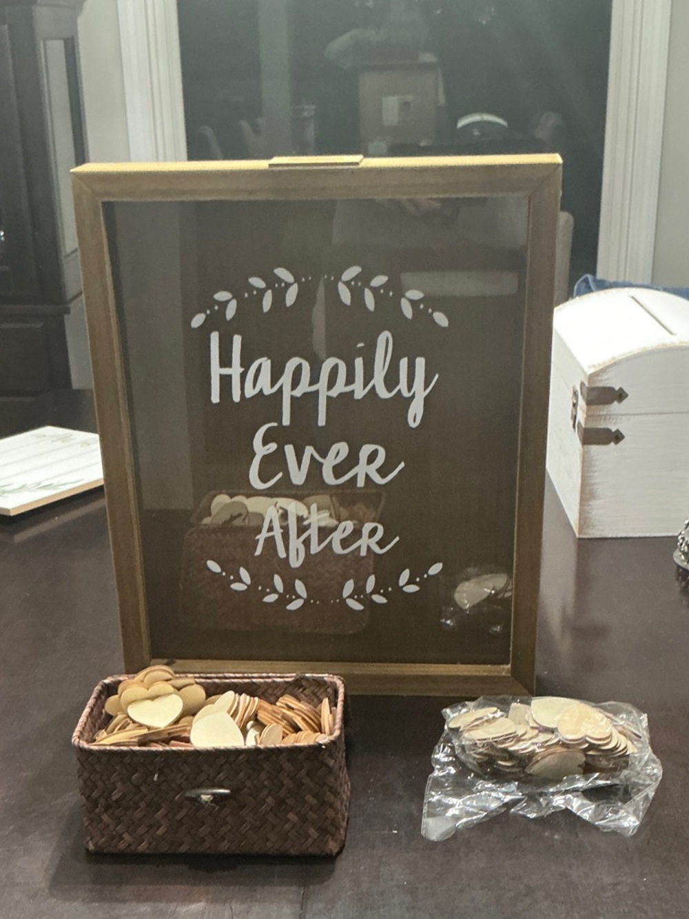 Happily Ever After Wooden Wedding Guestbook Sign - with hearts and basket